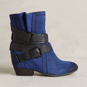 Anthro NAYA Fisher Oiled Suede Biker Buckle Rugged Wedge Boot in Cobalt Blue